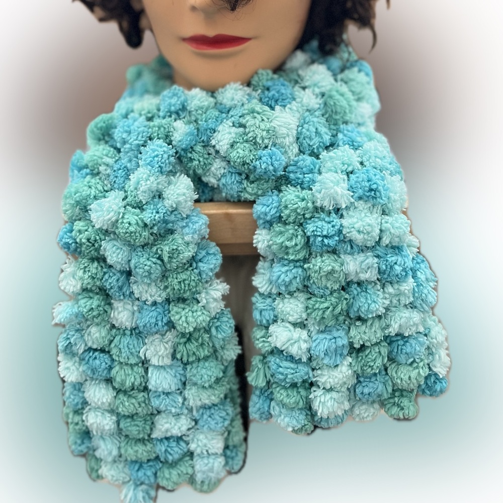 Pomp-a-Doodle Scarf in Seafoam / Aqua/ Turquoise Shades—48”L x 5”W